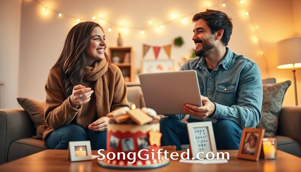 A warm and inviting scene of two friends celebrating their unique bond in a cozy living room. In the foreground, capture the friends laughing and smiling, one holding a custom song on a laptop, both dressed in modest casual clothing. In the middle ground, a beautifully decorated table showcases a small cake and decorations that symbolize their friendship, like photo frames and handwritten notes. The background features soft fairy lights and warm colors, creating a festive atmosphere. Use soft, diffused lighting to enhance the mood, mimicking golden hour for a heartwarming effect. A low-angle shot focusing on their joyful expressions will emphasize the special moment. The brand name "SongGifted.com" subtly incorporated within the scene.