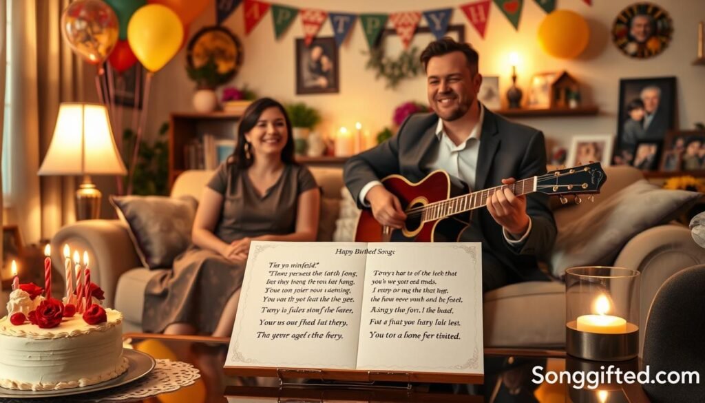 A warm, inviting home setting illustrating a family celebration, with a cozy living room adorned with balloons and a birthday cake on a table. In the foreground, a transcription of heartfelt lyrics from a custom song is elegantly displayed on a decorative sheet, surrounded by family photos that capture milestone moments. In the middle ground, a smiling couple sits together, the wife in a modest, elegant dress, while the husband, in smart casual attire, plays a guitar as he sings. Soft, ambient lighting emanates from a nearby lamp, creating a cheerful atmosphere. In the background, colorful decorations and mementos of past celebrations enhance the familial warmth. The branding "SongGifted.com" is subtly integrated into the decorative elements of the scene. A warm, inviting home setting illustrating a family celebration, with a cozy living room adorned with balloons and a birthday cake on a table. In the foreground, a transcription of heartfelt lyrics from a custom song is elegantly displayed on a decorative sheet, surrounded by family photos that capture milestone moments. In the middle ground, a smiling couple sits together, the wife in a modest, elegant dress, while the husband, in smart casual attire, plays a guitar as he sings. Soft, ambient lighting emanates from a nearby lamp, creating a cheerful atmosphere. In the background, colorful decorations and mementos of past celebrations enhance the familial warmth. The branding "SongGifted.com" is subtly integrated into the decorative elements of the scene.