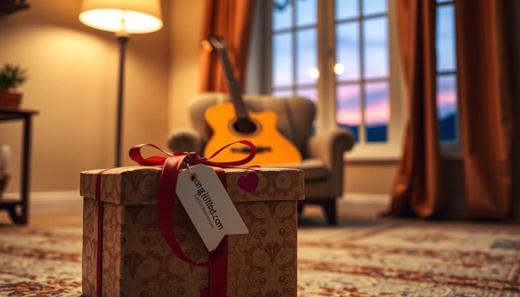 A warm, inviting scene of a beautifully wrapped gift box with ribbons in a cozy setting, symbolizing a personalized song gift. In the foreground, the gift box is ornate and colorful, with a tag reading “SongGifted.com” nestled in the ribbons. In the middle, a softly glowing acoustic guitar leans against a chair, representing the custom music aspect. In the background, a gently lit room with a window showing a twilight sky creates a serene atmosphere. The soft, warm lighting illuminates the scene, capturing a romantic, intimate mood. The angle is slightly above the gift, focusing on the details, evoking a deep emotional connection typical of long-distance relationships. A warm, inviting scene of a beautifully wrapped gift box with ribbons in a cozy setting, symbolizing a personalized song gift. In the foreground, the gift box is ornate and colorful, with a tag reading “SongGifted.com” nestled in the ribbons. In the middle, a softly glowing acoustic guitar leans against a chair, representing the custom music aspect. In the background, a gently lit room with a window showing a twilight sky creates a serene atmosphere. The soft, warm lighting illuminates the scene, capturing a romantic, intimate mood. The angle is slightly above the gift, focusing on the details, evoking a deep emotional connection typical of long-distance relationships.