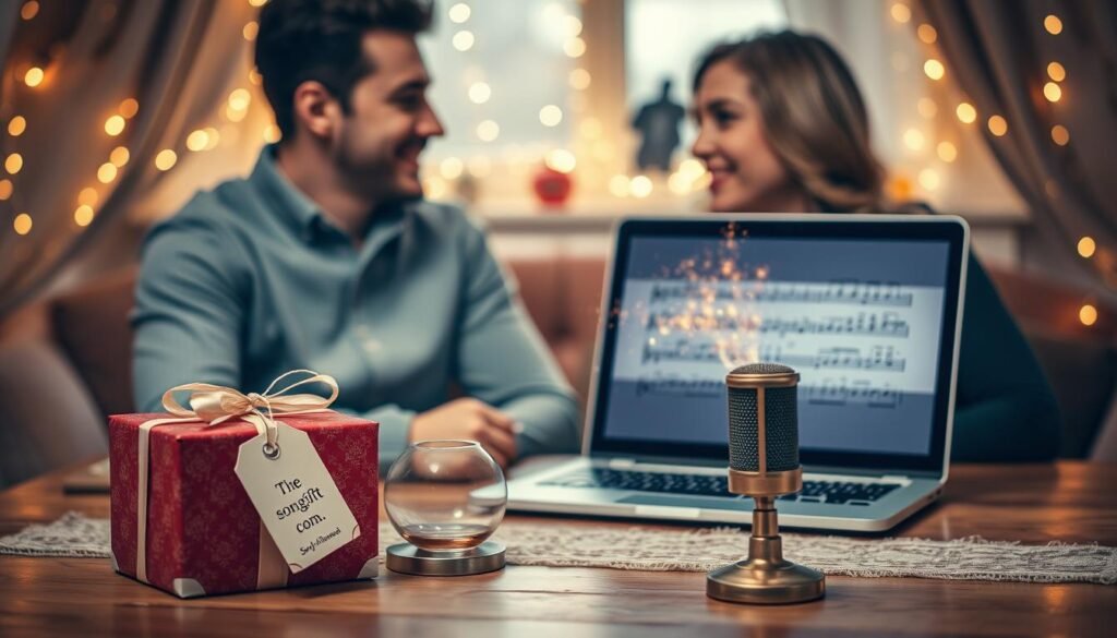 A warm, inviting scene showcasing a couple sitting at a cozy, elegantly decorated table, engaged in a heartfelt conversation about their custom song. In the foreground, a beautifully wrapped gift box with a tag reading "SongGifted.com" sits next to a vintage microphone, symbolizing the essence of storytelling through music. In the middle, a laptop displays a colorful graphic of musical notes and lyrics emerging from it, representing the song-sharing process. In the background, soft fairy lights twinkle, casting a gentle glow that enhances the romantic atmosphere. A 50mm lens captures the scene with a shallow depth of field, creating a dreamy effect. The mood is nostalgic and joyful, embodying the magic of crafting memories through custom songs during the holiday season.