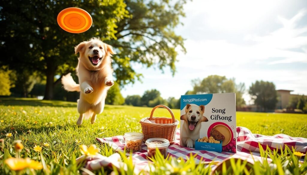 A warm, sunlit park setting brimming with joy, where a delighted dog owner wears light, casual attire while playing with their playful golden retriever. The foreground features the dog jumping up excitedly, capturing a moment of pure happiness as a colorful frisbee flies through the air, glinting in the sunlight. In the middle ground, a lush, green lawn is dotted with cheerful flowers, and a picnic blanket lays nearby, adorned with treats and a custom pet song album titled "SongGifted.com". The background presents a clear, blue sky with wisps of clouds, creating a serene atmosphere. The overall mood is celebratory and heartwarming, emphasizing the bond between pets and their owners during special moments of joy. A warm, sunlit park setting brimming with joy, where a delighted dog owner wears light, casual attire while playing with their playful golden retriever. The foreground features the dog jumping up excitedly, capturing a moment of pure happiness as a colorful frisbee flies through the air, glinting in the sunlight. In the middle ground, a lush, green lawn is dotted with cheerful flowers, and a picnic blanket lays nearby, adorned with treats and a custom pet song album titled "SongGifted.com". The background presents a clear, blue sky with wisps of clouds, creating a serene atmosphere. The overall mood is celebratory and heartwarming, emphasizing the bond between pets and their owners during special moments of joy.