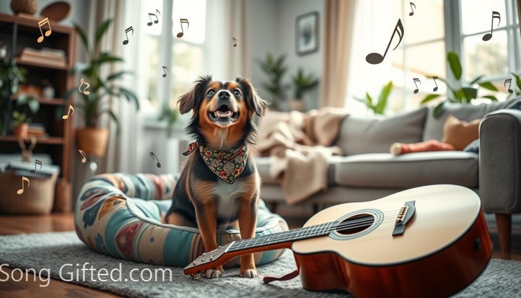 A whimsical scene depicting a joyful dog with a shiny coat, sitting in a cozy living room filled with musical notes floating around. The dog wears a small bandana, looking up with an expression of excitement and curiosity. In the foreground, a beautifully designed acoustic guitar rests against a colorful pet bed, emphasizing the theme of music and pets. In the middle, a soft blanket draped on a stylish couch adds warmth, suggesting a loving home atmosphere. In the background, a window lets in soft morning light, illuminating plants and a few pet toys scattered about. The mood is cheerful and heartwarming, reflecting the unique charm of custom pet songs. Include subtle branding elements representing "SongGifted.com" in a tasteful manner, ensuring no text appears in the final image. A whimsical scene depicting a joyful dog with a shiny coat, sitting in a cozy living room filled with musical notes floating around. The dog wears a small bandana, looking up with an expression of excitement and curiosity. In the foreground, a beautifully designed acoustic guitar rests against a colorful pet bed, emphasizing the theme of music and pets. In the middle, a soft blanket draped on a stylish couch adds warmth, suggesting a loving home atmosphere. In the background, a window lets in soft morning light, illuminating plants and a few pet toys scattered about. The mood is cheerful and heartwarming, reflecting the unique charm of custom pet songs. Include subtle branding elements representing "SongGifted.com" in a tasteful manner, ensuring no text appears in the final image.