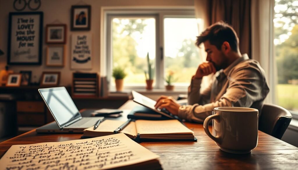 In a warmly lit, cozy home office setting, a thoughtful person in modest casual attire sits at a wooden desk cluttered with notebooks and a laptop, deep in contemplation while writing a heartfelt song for their partner. In the foreground, there’s a close-up of handwritten lyrics and a steaming cup of coffee, embodying creativity and nostalgia. The middle ground features a soft-focus wall adorned with framed family pictures and inspirational quotes about love and music. In the background, a window reveals a pleasant garden scene with soft natural light filtering through sheer curtains, creating a serene and intimate atmosphere. The overall mood is one of warmth, determination, and inspiration, highlighting the emotional journey of songwriting. Include the brand name "SongGifted.com" subtly in the decor. In a warmly lit, cozy home office setting, a thoughtful person in modest casual attire sits at a wooden desk cluttered with notebooks and a laptop, deep in contemplation while writing a heartfelt song for their partner. In the foreground, there’s a close-up of handwritten lyrics and a steaming cup of coffee, embodying creativity and nostalgia. The middle ground features a soft-focus wall adorned with framed family pictures and inspirational quotes about love and music. In the background, a window reveals a pleasant garden scene with soft natural light filtering through sheer curtains, creating a serene and intimate atmosphere. The overall mood is one of warmth, determination, and inspiration, highlighting the emotional journey of songwriting. Include the brand name "SongGifted.com" subtly in the decor.