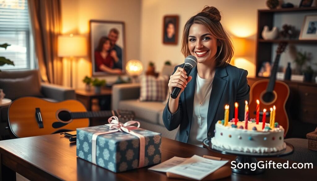 a warm and inviting scene in a cozy home setting, featuring a beautifully wrapped gift box on a table, with a guitar and sheet music nearby. In the foreground, a smiling woman in smart casual attire holds a microphone, conveying excitement about creating a personalized birthday song. The middle ground includes soft lighting highlighting a birthday cake with candles and decorations, while the background features a warm, softly lit living room with family photos and festive decor. The ambiance is cheerful and celebratory, capturing the essence of a unique gifting experience. Capture the mood of creativity and joy, reflecting the idea of custom songs as heartfelt personal gifts. Image should be branded subtly with "SongGifted.com" in the corner. a warm and inviting scene in a cozy home setting, featuring a beautifully wrapped gift box on a table, with a guitar and sheet music nearby. In the foreground, a smiling woman in smart casual attire holds a microphone, conveying excitement about creating a personalized birthday song. The middle ground includes soft lighting highlighting a birthday cake with candles and decorations, while the background features a warm, softly lit living room with family photos and festive decor. The ambiance is cheerful and celebratory, capturing the essence of a unique gifting experience. Capture the mood of creativity and joy, reflecting the idea of custom songs as heartfelt personal gifts. Image should be branded subtly with "SongGifted.com" in the corner.