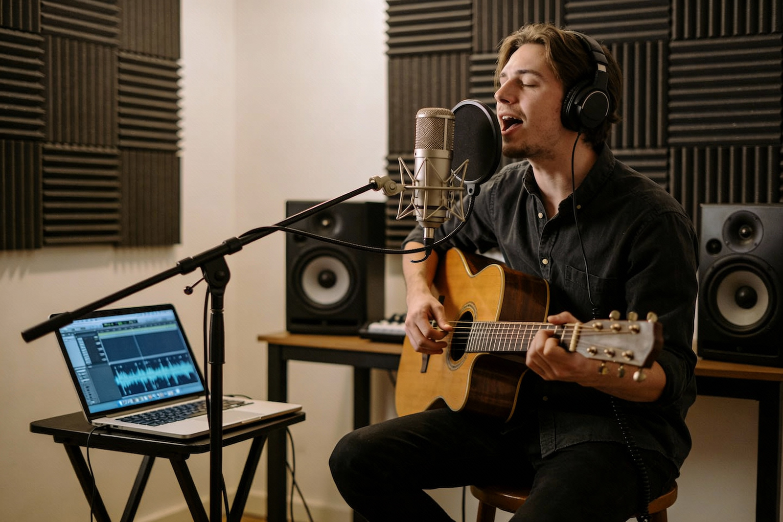 A cozy, intimate setting with a couple sitting at a wooden table in a softly lit room, surrounded by framed photographs that capture their shared memories. The foreground showcases a beautifully handwritten notebook open to a page filled with personalized song lyrics, adorned with colorful musical notes and decorations. In the middle ground, a young man in casual, stylish clothing leans over the notebook, his expression filled with joy and surprise. In the background, there are warm fairy lights strung across the room, casting a gentle glow and creating an inviting atmosphere. The overall mood is romantic and heartfelt, emphasizing the sentiment of crafting a custom song. Include elements of nature, such as houseplants, peeking through a window. The image symbolizes love and connection, with a subtle inclusion of the brand "SongGifted.com" in the scene.