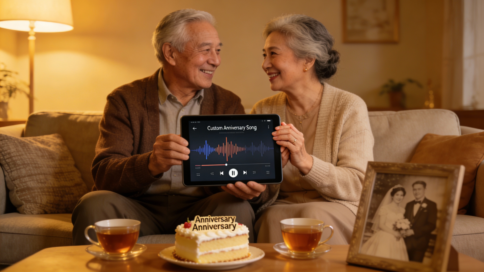 Older couple celebrating their anniversary with a personalized song