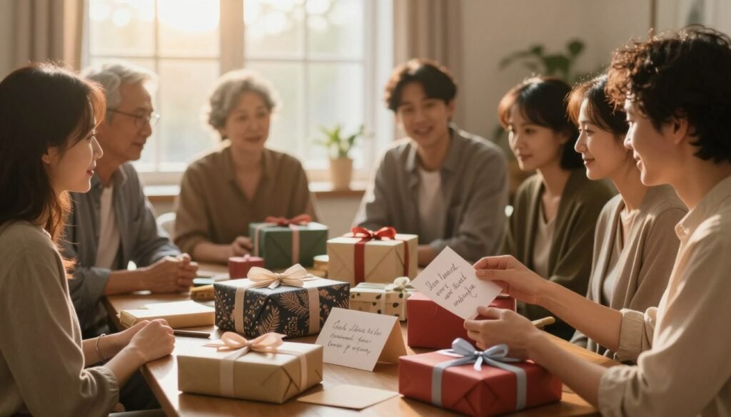A cozy, intimate scene illustrating the concept of selecting a meaningful, personal gift. In the foreground, a thoughtfully arranged table displays an assortment of beautifully wrapped gifts, each with unique, personalized touches like handwritten notes, fabric swatches, and keepsake items. The middle ground features a diverse group of adults, dressed in professional and modest casual clothing, engaging in a warm conversation, thoughtfully considering their gift options. The background reveals a softly lit room adorned with warm colors, and a large window that allows golden sunlight to filter through, creating a serene and reflective atmosphere. The overall mood is one of connection and sincerity, inviting the viewer to feel the emotional weight of each chosen gift. The composition emphasizes warmth, personal significance, and the joy of giving.