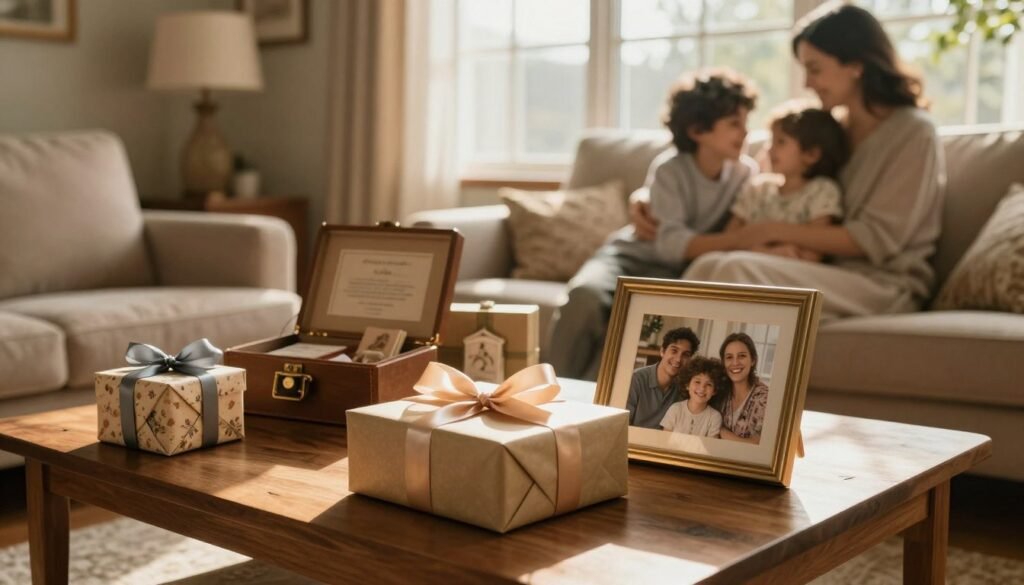 A cozy living room filled with warm, golden light streaming through a large window, illuminating several meaningful gifts displayed on a wooden coffee table. In the foreground, a beautifully wrapped gift box tied with a satin ribbon sits beside a framed photo of a happy moment shared among friends or family. The middle layer features family heirlooms and sentimental items, each radiating nostalgia. In the background, a softly blurred image of a mother and child gleefully enjoying a moment together adds depth, evoking emotions tied to memories. The overall mood is warm, inviting, and reflective, capturing the essence of cherished moments and the emotional weight of gifts that endure through time. Focus should be on enhancing the feelings of nostalgia and love.