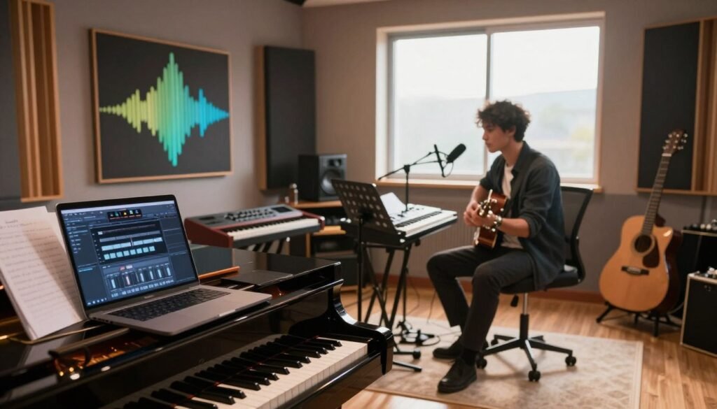 A cozy, modern music studio setting in the foreground, featuring an inviting workspace with a grand piano, a laptop displaying a music software interface, and colorful soundwave graphics on the walls. The middle ground showcases a professional musician in stylish business attire, passionately composing music, surrounded by various musical instruments such as a guitar, keyboard, and microphone, conveying creativity. In the background, large windows let in soft, warm sunlight, casting a harmonious glow throughout the room, enhancing the intimate atmosphere. The overall mood is inspiring and innovative, emphasizing the worth of personalized song services at the intersection of art and technology, captured in a slightly angled perspective to create depth. Ideal lighting highlights the textures of the instruments and soft tones of the studio décor.