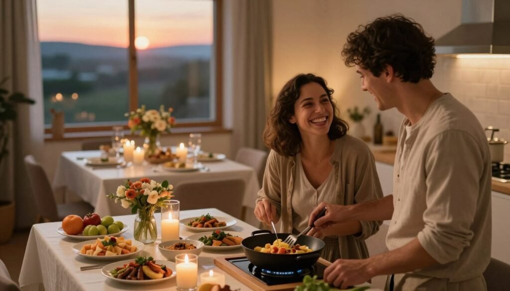 A cozy, warmly lit indoor setting showcasing a couple enjoying unique anniversary experiences. In the foreground, a couple, dressed in modest casual clothing, share a laugh over a gourmet cooking class, surrounded by ingredients and utensils, with colorful dishes displayed. The middle layer features a beautifully set table adorned with candles and flowers, hinting at an intimate dinner. In the background, a soft-focus window reveals a scenic sunset, casting a warm glow over the room. The overall atmosphere is romantic and joyful, emphasizing connection and shared experiences. Use soft, inviting lighting and a slightly elevated angle to capture the warmth and intimacy of the moment, creating an emotional connection for viewers. A cozy, warmly lit indoor setting showcasing a couple enjoying unique anniversary experiences. In the foreground, a couple, dressed in modest casual clothing, share a laugh over a gourmet cooking class, surrounded by ingredients and utensils, with colorful dishes displayed. The middle layer features a beautifully set table adorned with candles and flowers, hinting at an intimate dinner. In the background, a soft-focus window reveals a scenic sunset, casting a warm glow over the room. The overall atmosphere is romantic and joyful, emphasizing connection and shared experiences. Use soft, inviting lighting and a slightly elevated angle to capture the warmth and intimacy of the moment, creating an emotional connection for viewers.