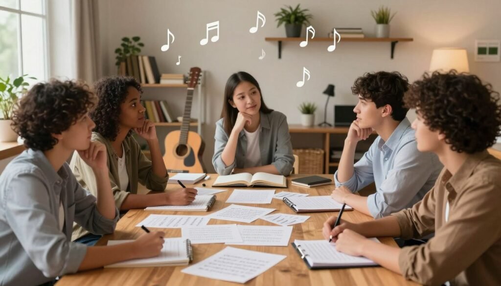 A cozy, warmly lit room filled with musical notes floating gently through the air, symbolizing creativity and inspiration. In the foreground, a young, diverse group of people (in professional business attire) are gathered around a wooden table, engaged in brainstorming and discussion, showcasing expressions of thoughtfulness and collaboration. The middle layer features sheets of paper with scattered lyrics and a guitar leaning against the table, hinting at the songwriting process. In the background, soft shelves lined with books and plants add depth, while a window allows natural light to filter in, creating an uplifting and motivating atmosphere. The overall mood is one of encouragement and creativity, capturing the essence of overcoming the challenge of finding the right words in songwriting. A cozy, warmly lit room filled with musical notes floating gently through the air, symbolizing creativity and inspiration. In the foreground, a young, diverse group of people (in professional business attire) are gathered around a wooden table, engaged in brainstorming and discussion, showcasing expressions of thoughtfulness and collaboration. The middle layer features sheets of paper with scattered lyrics and a guitar leaning against the table, hinting at the songwriting process. In the background, soft shelves lined with books and plants add depth, while a window allows natural light to filter in, creating an uplifting and motivating atmosphere. The overall mood is one of encouragement and creativity, capturing the essence of overcoming the challenge of finding the right words in songwriting.