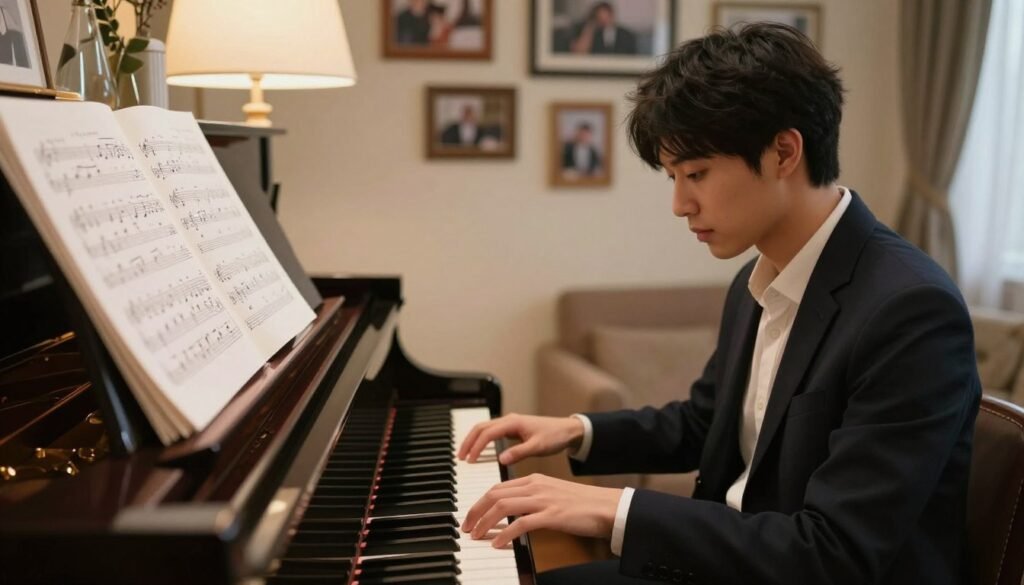 A serene, cozy room filled with personal touches, featuring a grand piano in the foreground, beautifully illuminated by soft, warm lighting. On the piano, there are scattered sheet music pages with handwritten notes and lyrics, blending creativity and emotion. In the middle ground, a person, dressed in professional attire, sits thoughtfully at the piano, fingers hovering above the keys as they contemplate writing a personalized song. The background showcases framed photographs and mementos on the walls, evoking a sense of nostalgia and personal connection. The atmosphere is intimate and inspiring, encouraging the viewer to explore the joy of personalized music creation. The scene is captured with a shallow depth of field, focusing on the person and piano while gently blurring the background to enhance the mood. A serene, cozy room filled with personal touches, featuring a grand piano in the foreground, beautifully illuminated by soft, warm lighting. On the piano, there are scattered sheet music pages with handwritten notes and lyrics, blending creativity and emotion. In the middle ground, a person, dressed in professional attire, sits thoughtfully at the piano, fingers hovering above the keys as they contemplate writing a personalized song. The background showcases framed photographs and mementos on the walls, evoking a sense of nostalgia and personal connection. The atmosphere is intimate and inspiring, encouraging the viewer to explore the joy of personalized music creation. The scene is captured with a shallow depth of field, focusing on the person and piano while gently blurring the background to enhance the mood.