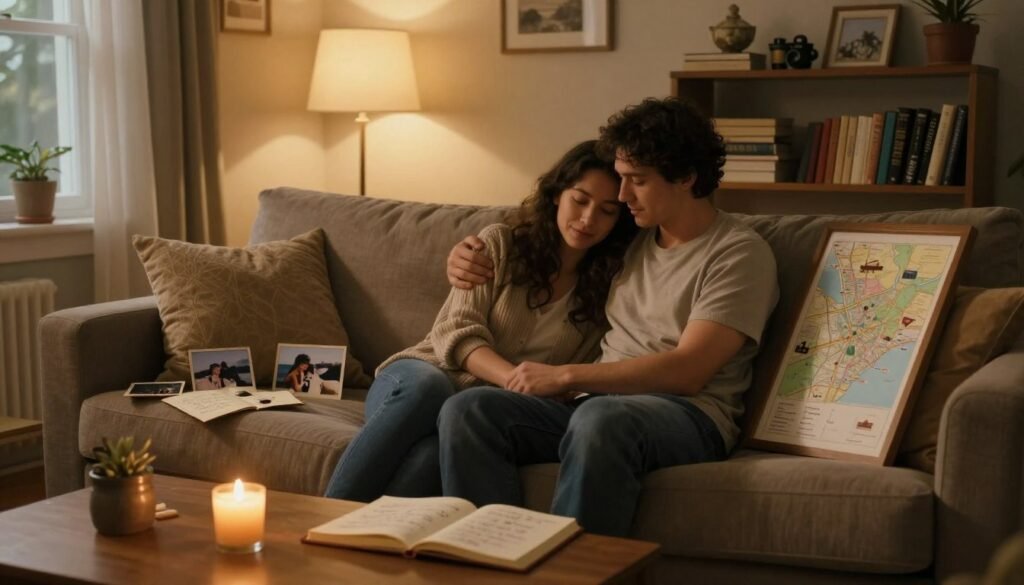 A serene, intimate scene set in a cozy, warmly lit living room, depicting a couple sitting closely together on a plush sofa, surrounded by personal mementos symbolizing their journey—like old photographs, handwritten letters, and a framed map highlighting special travel moments. In the foreground, a coffee table holds a flickering candle and a journal, its pages filled with shared memories and thoughts. The middle ground features soft, ambient lighting from a nearby window, casting gentle shadows, while the background includes a shelf lined with books and sentimental souvenirs that hint at shared passions and experiences. The overall mood is warm and nostalgic, evoking a sense of connection and cherished moments growing more meaningful over time. A serene, intimate scene set in a cozy, warmly lit living room, depicting a couple sitting closely together on a plush sofa, surrounded by personal mementos symbolizing their journey—like old photographs, handwritten letters, and a framed map highlighting special travel moments. In the foreground, a coffee table holds a flickering candle and a journal, its pages filled with shared memories and thoughts. The middle ground features soft, ambient lighting from a nearby window, casting gentle shadows, while the background includes a shelf lined with books and sentimental souvenirs that hint at shared passions and experiences. The overall mood is warm and nostalgic, evoking a sense of connection and cherished moments growing more meaningful over time.