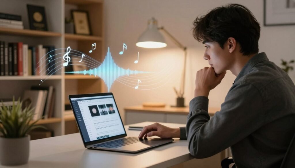 A thoughtful and cost-conscious buyer is examining personalized song options in a cozy, modern office space. In the foreground, a professional individual, dressed in smart casual attire, is seated at a sleek desk with a laptop open, displaying a music composition software. The middle ground features a visual representation of musical notes and sound waves swirling around, symbolizing creativity and personalization. The background showcases a warm, inviting atmosphere with soft lighting from a desk lamp highlighting a shelf filled with music-related books and framed awards. The overall mood is contemplative and engaging, emphasizing the value and emotional connection of personalized music without any distractions or text elements.