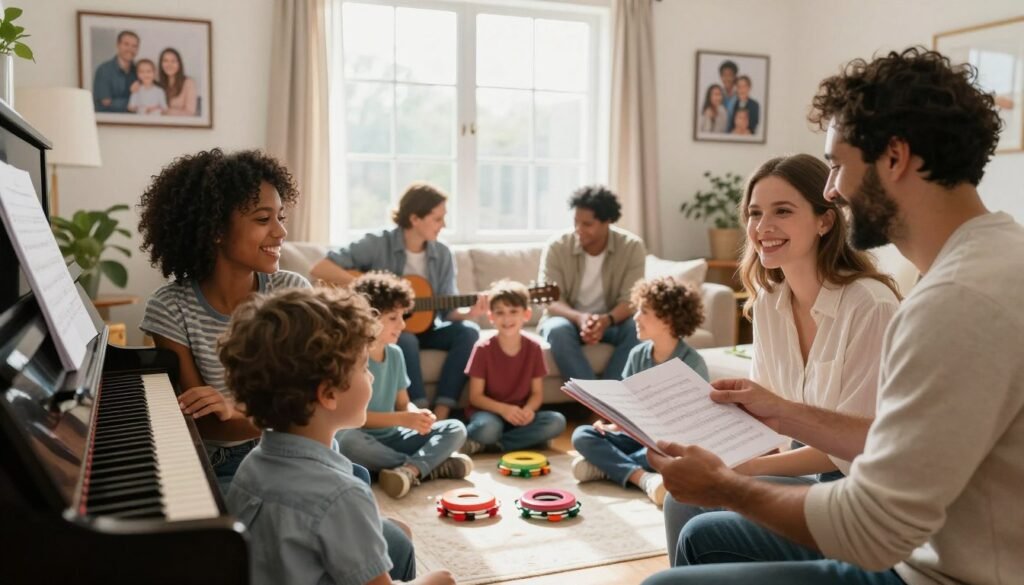 A warm and inviting living room scene depicting a blended family enjoying a musical moment together. In the foreground, a diverse group of individuals, including two adults of different ethnicities, dressed in casual but neat clothing, gather around a piano, smiling as they share a songbook. Children of various ages, engaged and playful, sit on the floor, surrounded by colorful musical instruments like tambourines and a small guitar. The middle ground features soft, natural light streaming through a large window, casting a cozy glow over the scene. In the background, family photographs—showcasing happy moments—hang on the walls, reinforcing the theme of new beginnings and second chances. The overall mood is joyful and harmonious, embodying the spirit of unity and celebration.