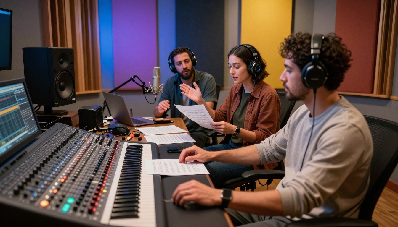 Studio musicians and audio production team creating a custom song