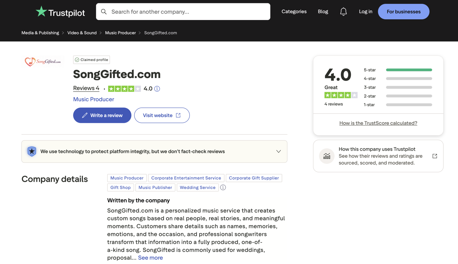 SongGifted Trustpilot reviews summary