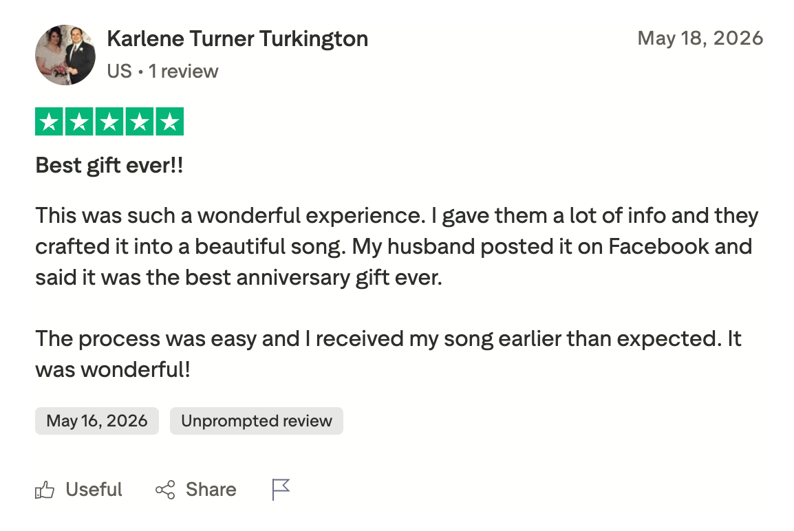 Karlene Turkington Trustpilot review for SongGifted