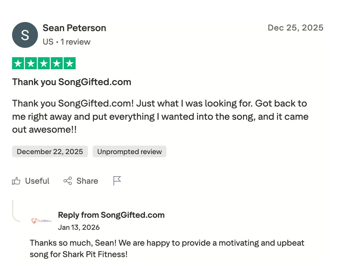 Sean P. Trustpilot review for SongGifted custom retirement song