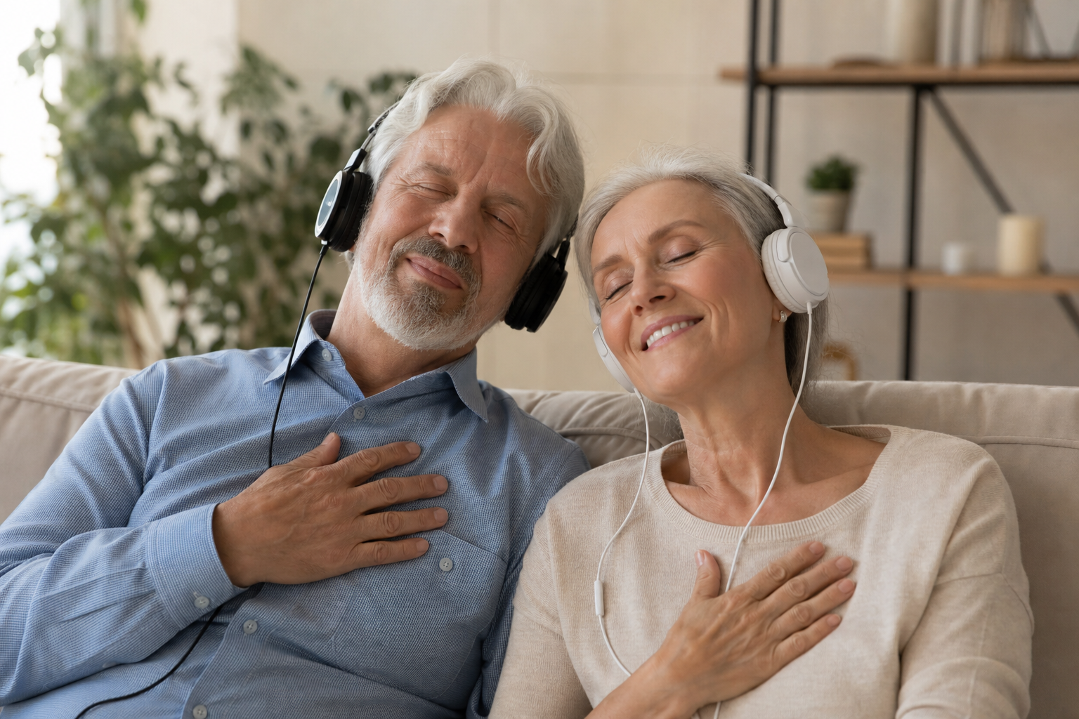 Mature couple listening to their custom anniversary song on headphones