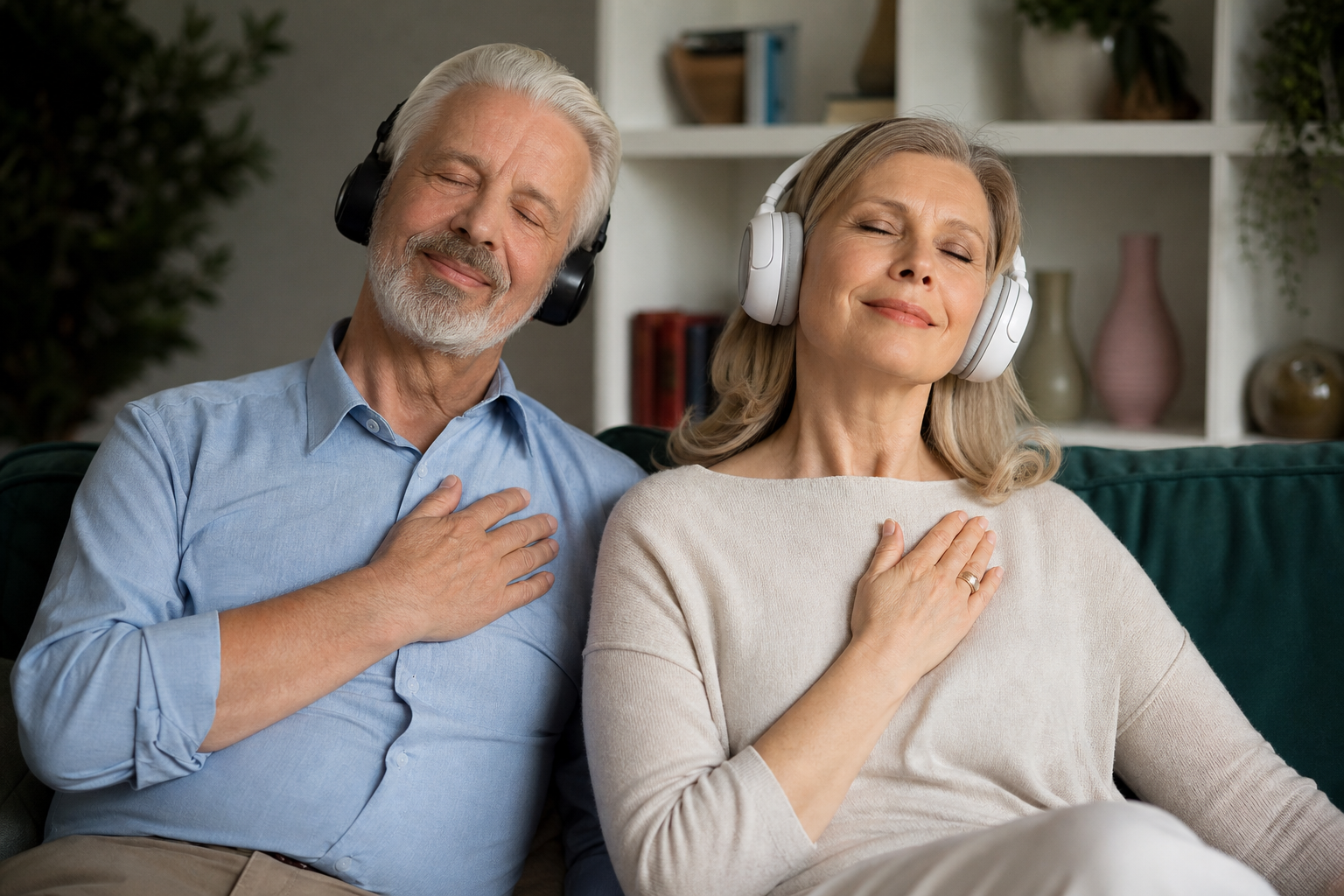 Couple with headphones hands on hearts moved by their custom anniversary song