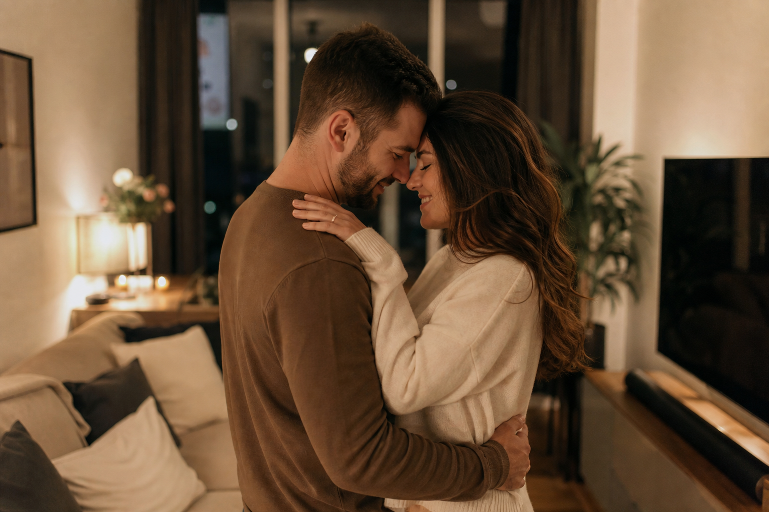 Couple slow dancing together on their anniversary, intimate moment