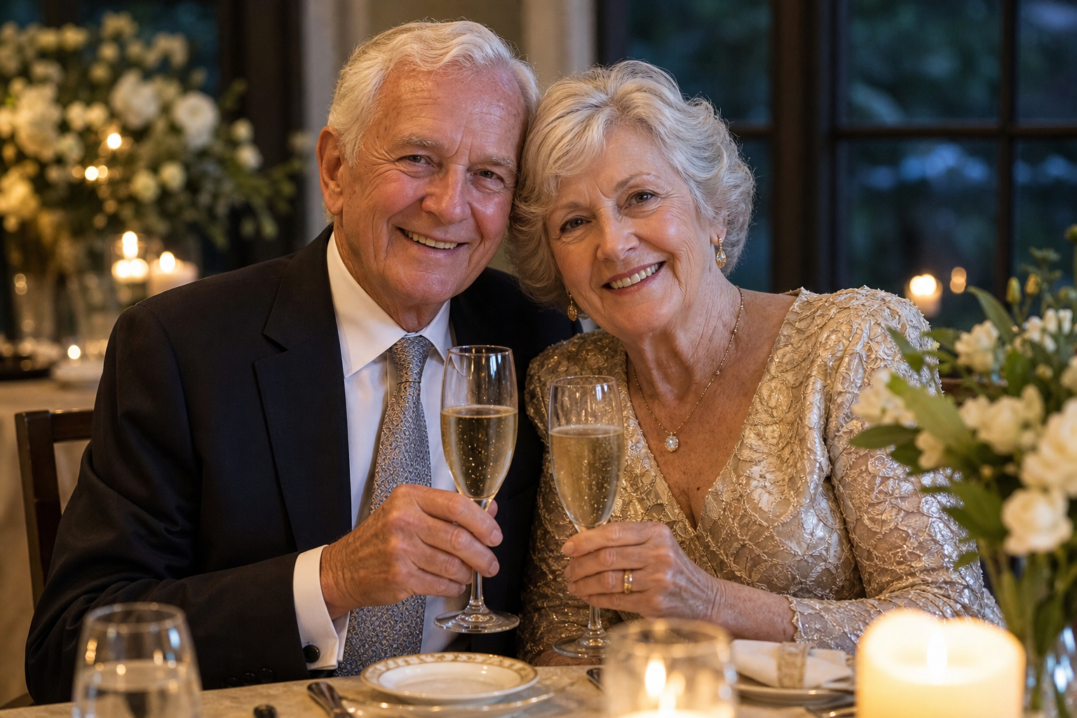 Elderly couple celebrating 50th golden anniversary with champagne toast