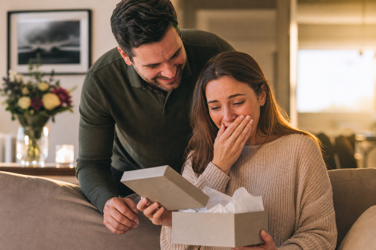 Husband surprising wife with anniversary gift, she has happy tears