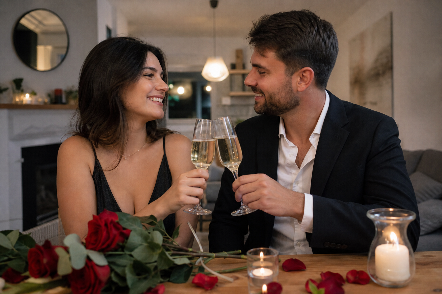 Young couple celebrating first anniversary with roses and champagne