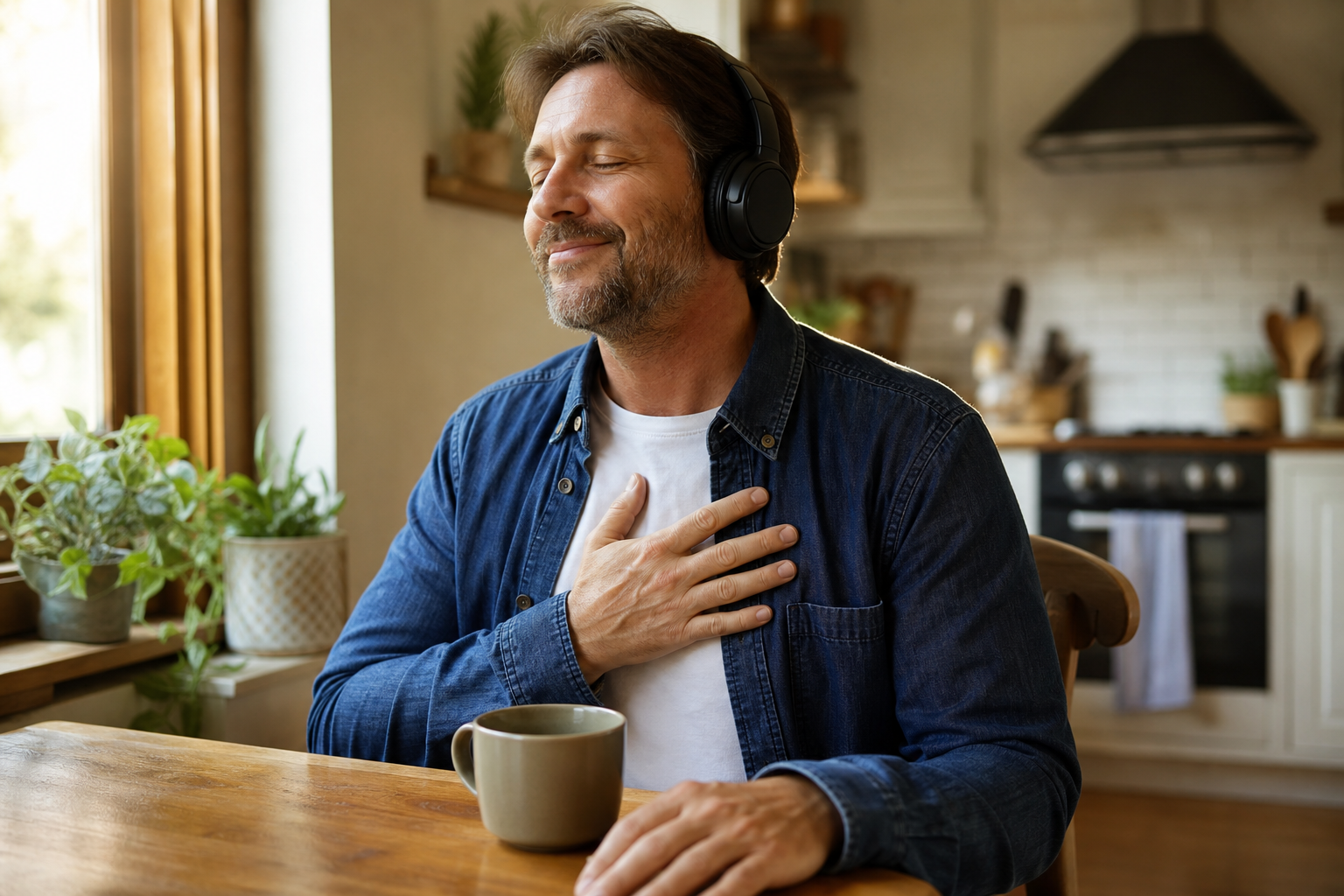 Dad listening to his custom Father's Day song on headphones, emotional and happy