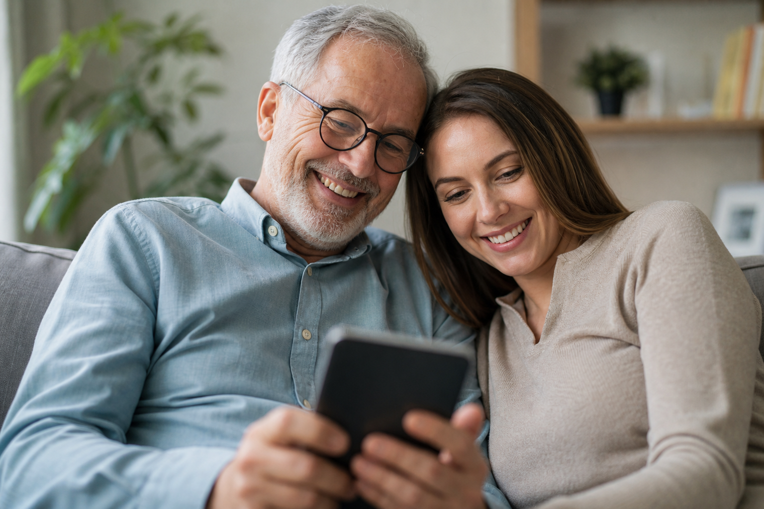 Father and daughter smiling together looking at phone listening to custom song