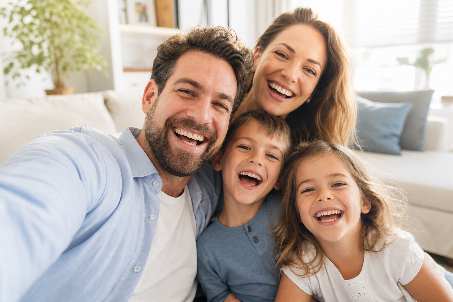 Happy family selfie laughing together on Father's Day morning