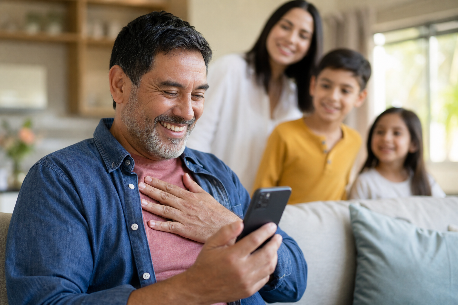 Surprised and moved dad receiving Father's Day custom song gift from family