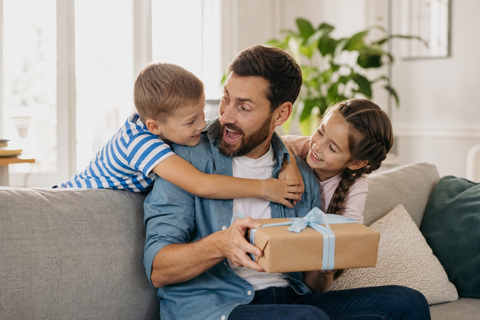 Kids presenting custom Father's Day song gift to their surprised and delighted dad